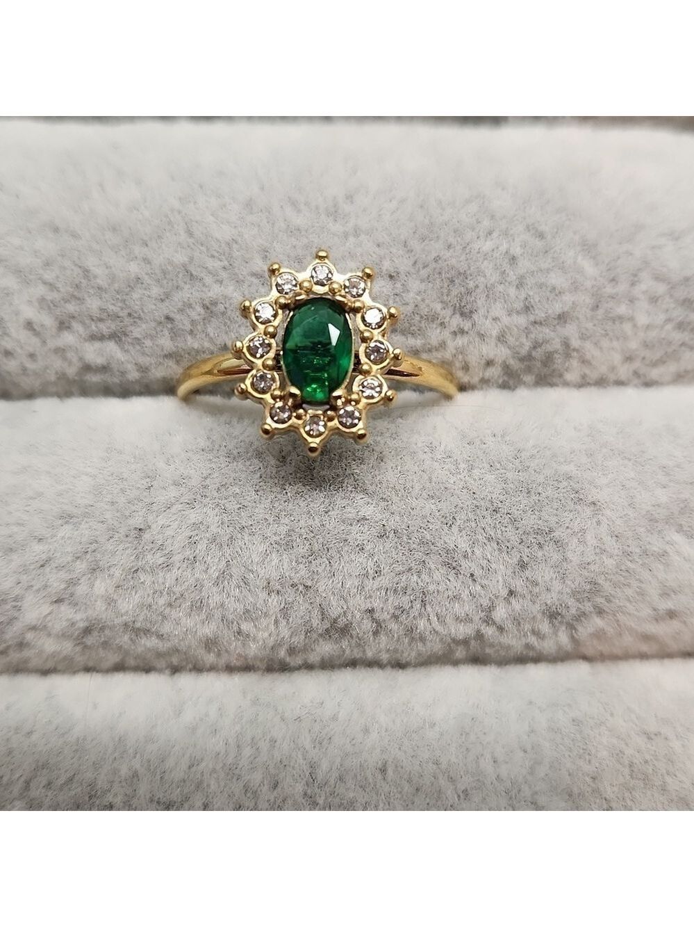 18K Gold Plated Adjustable Oval Emerald Colored , Simulated Diamond Ring